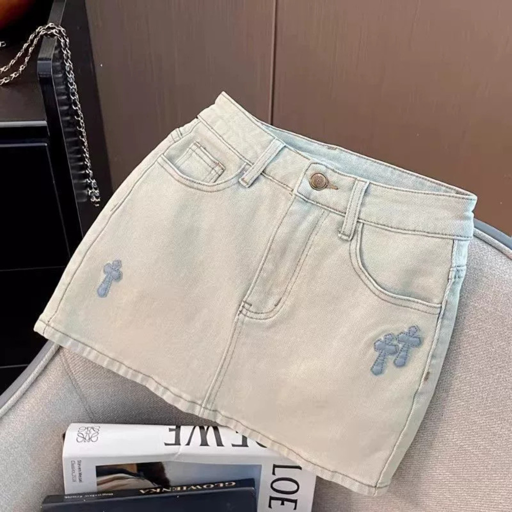 Zara Light Blue Cross Embroidered Denim Mini Skirt Y2K Vintage